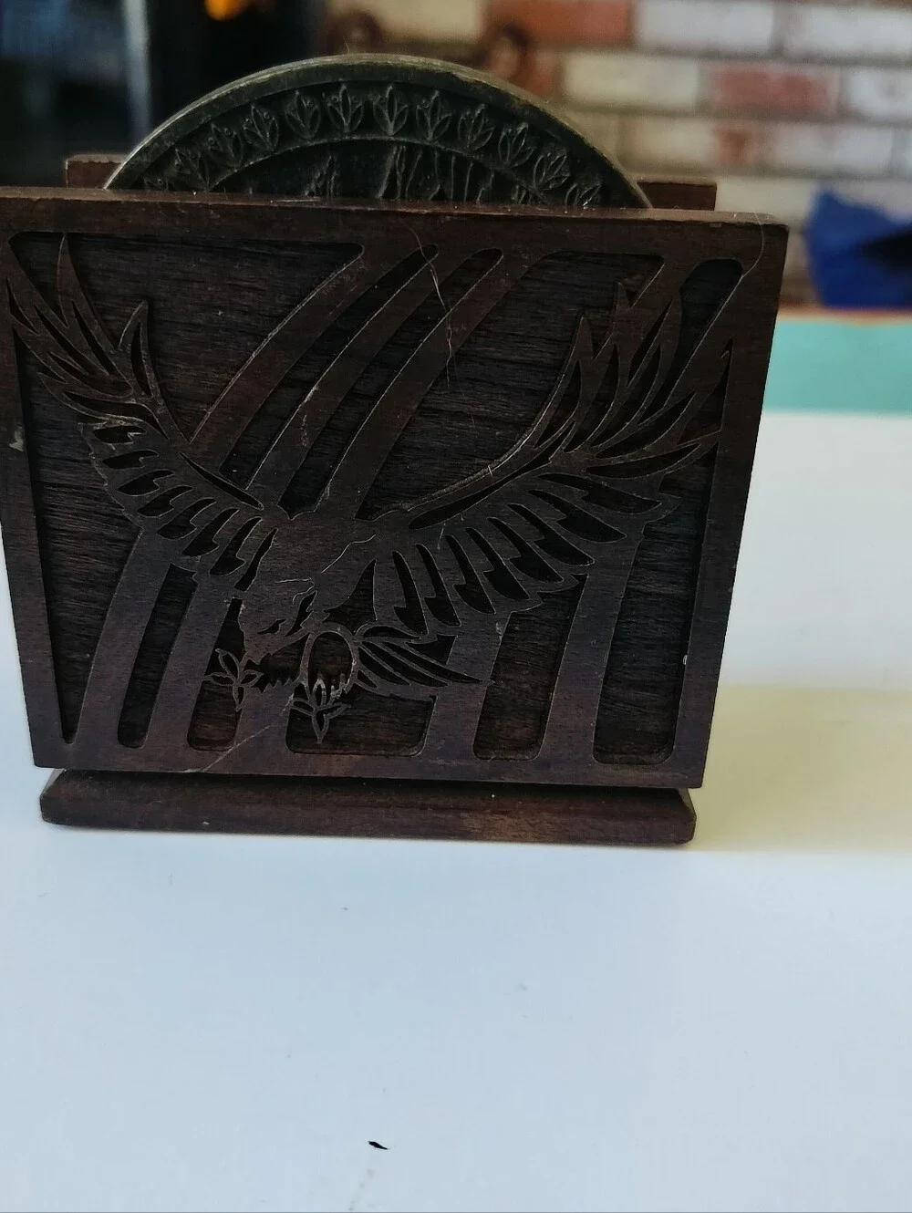 Vintage Lasercraft Bald Eagle Wooden Coaster Set and Caddy